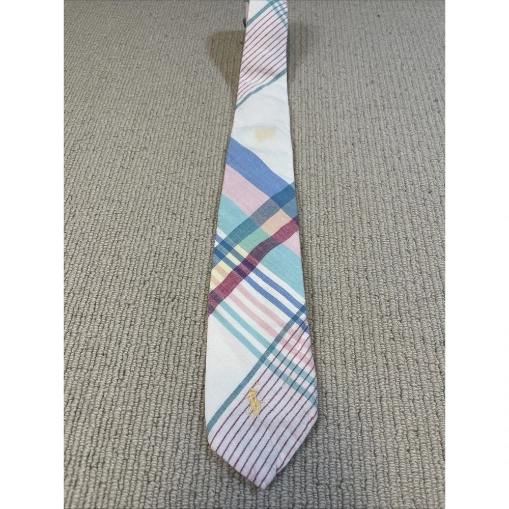 Polo Ralph Lauren Boy's Vtg Tie Multicolor Plaid Pony Logo Cotton Hand Made